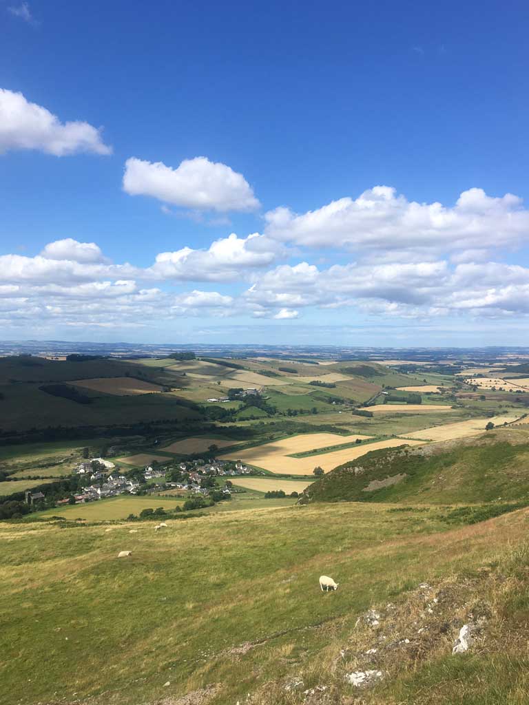 Kirk Yetholm and Bowmont Valley, looking north from Staerrough Hill